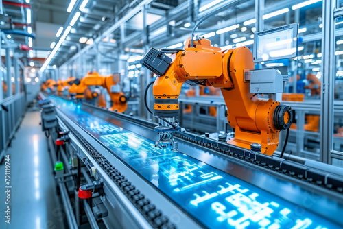 Futuristic Symphony of Automation: Robots on the Assembly Line in High-Tech Facility.