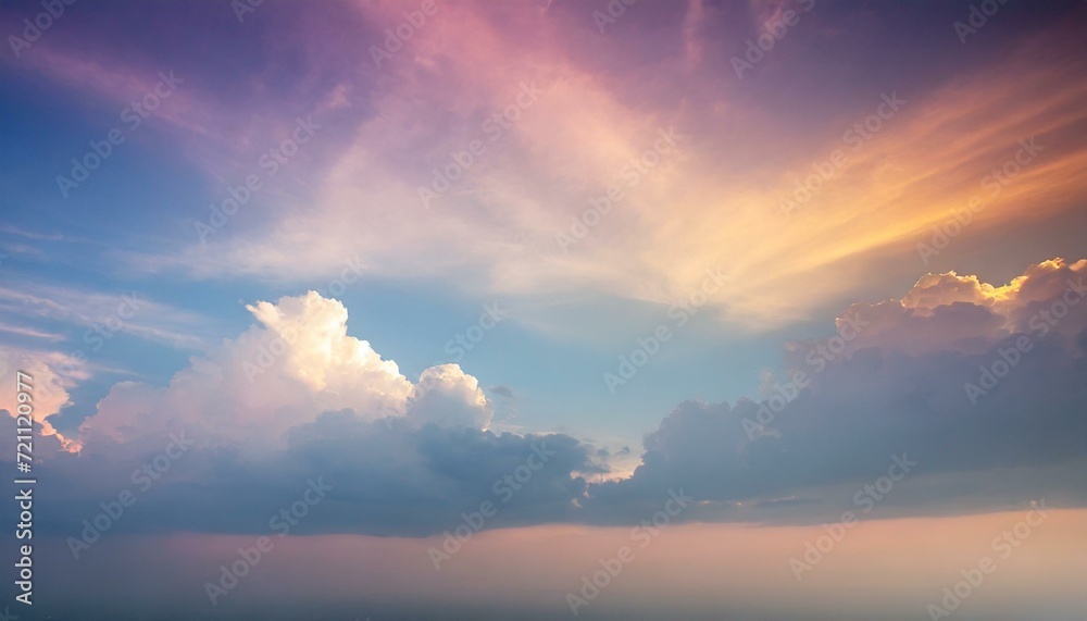 sunset sky with clouds 3d render, abstract fantasy background of colorful sky with neon clouds