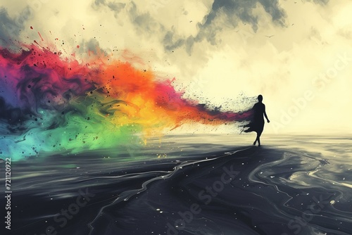 A surreal image of a person breaking free from a monochrome world into a colorful one, depicting coming out