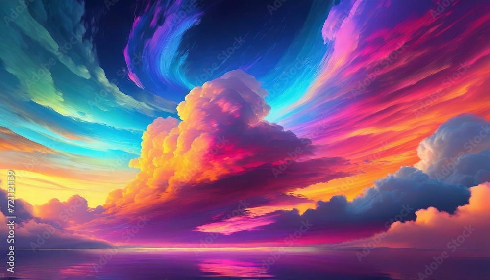Wallpaper the sunset over the desert 3d render, abstract fantasy background of colorful sky with neon clouds