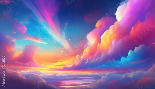 rainbow over the sea wallpaper 3d render, abstract fantasy background of colorful sky with neon clouds