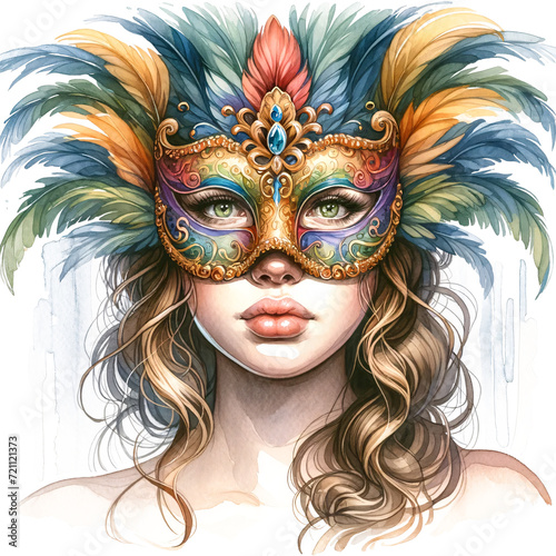 Woman in Carnival Mask Watercolor Illustration, Carnival festival celebration