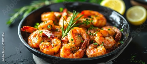 Delicious Shrimps Served in a Pan with Fresh Herbs - Mouthwatering Shrimps Cooked to Perfection, Served in a Sizzling Pan with Fragrant Fresh Herbs
