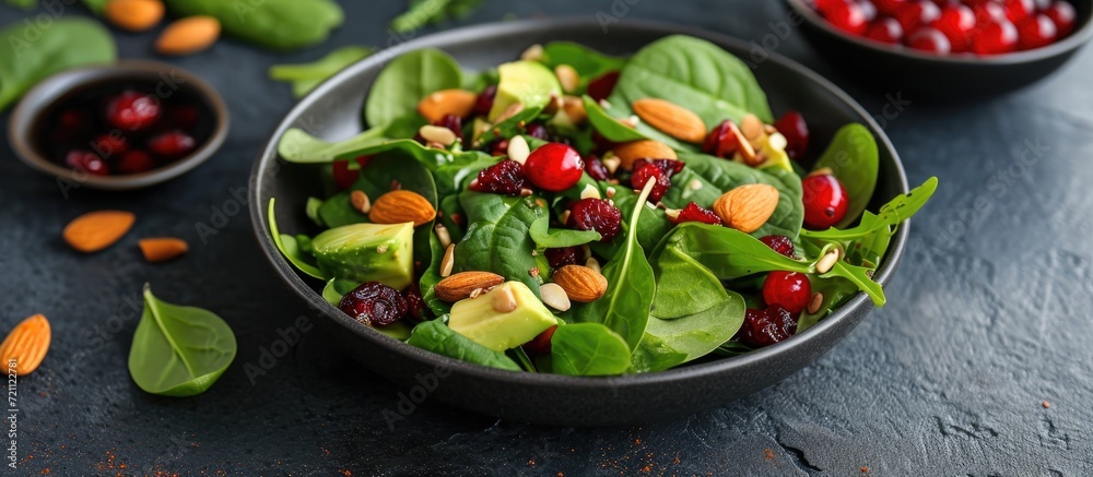 Nutritious salad with spinach, arugula, cilantro, cranberries, almonds, avocados, and light vinaigrette.