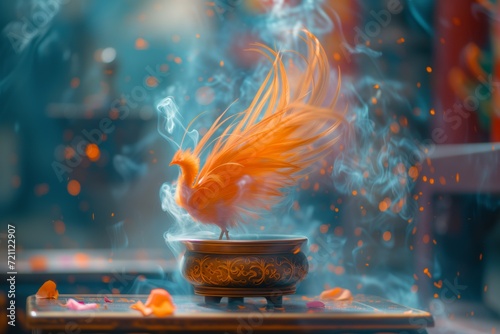 An Iridescent Phoenix Feather, Ablaze with Renewal, Dances in Sacred Smoke. Ancient Temple Whispers Legends, Golden Glow Ignites Hope. Off-Center, Ethereal, Blurred Edges Chinese New Year Concept