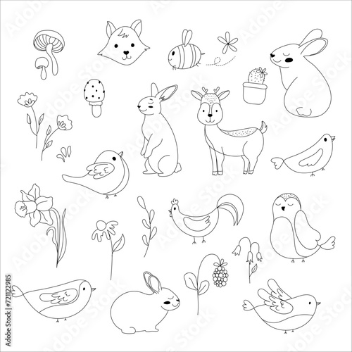 Set of cute hand drawn doodle animals and flowers isolated on white background.Children illustration