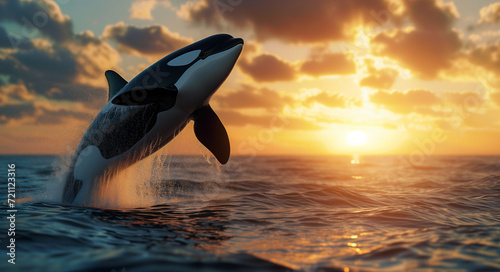 Beautiful killer whale in the sea at sunset. 