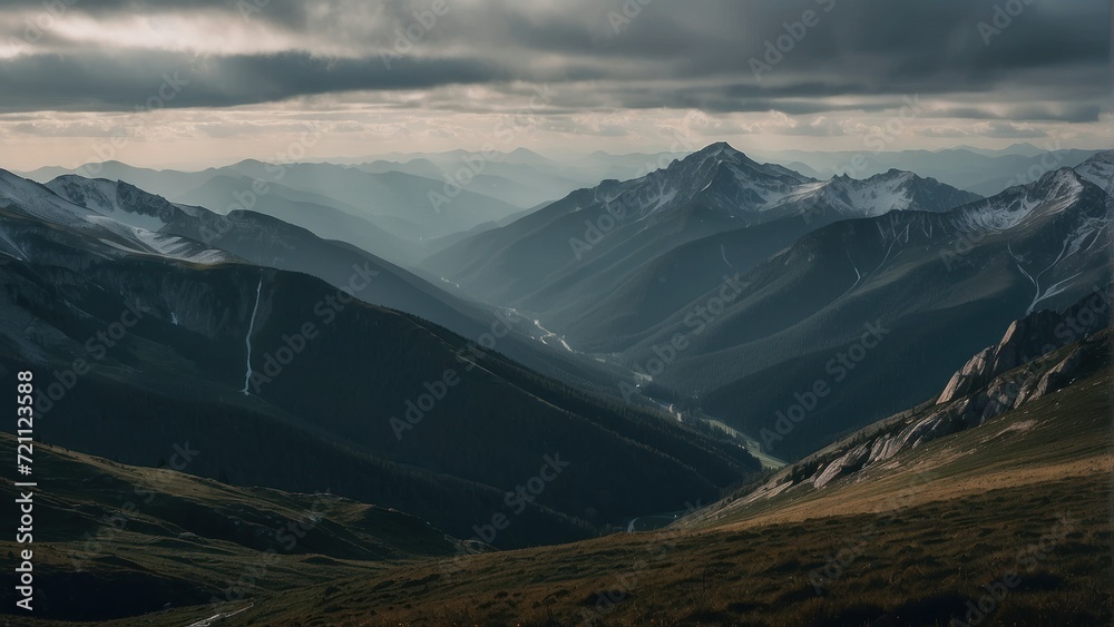 View of moody mountain peaks.  Generative, AI.