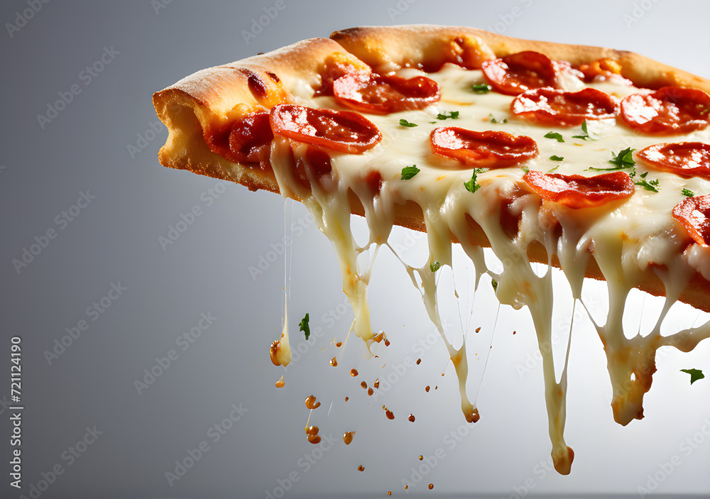 Mid-Air Pepperoni Pizza Slice with Stretching Cheese