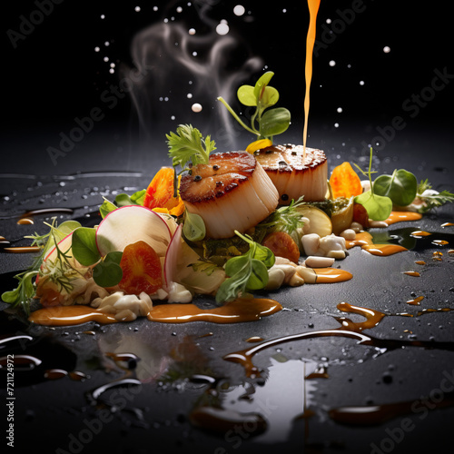 Fototapeta Naklejka Na Ścianę i Meble -  Seafood fine dining, creative composition, minimalistic modern style close up