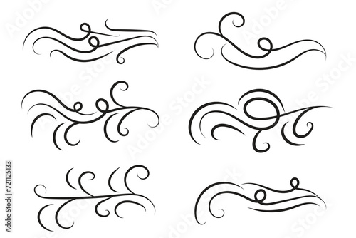 set of Vintage Filigree swirling, Calligraphy Doodle wind Decorative Elements, curly thin line Floral style swings swashes, Flourishes Swirls, flourish Swirl ornament vector, Elegant scroll design
