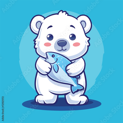 Cute Polar Bear Holding Big Fish cartoon vector illustration