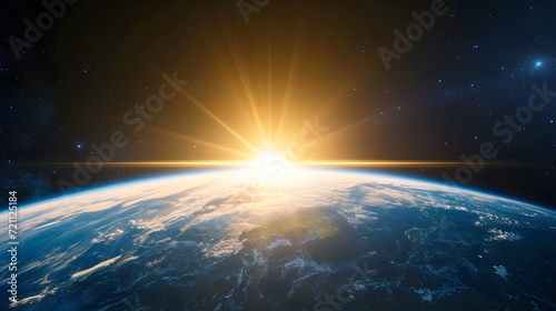 Panoramic view of planet Earth globe from space during sunrise.