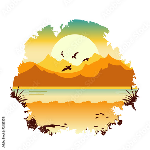 Mountains  beach  sea  seagulls on sun background  sandy background in circle. Vector illustration