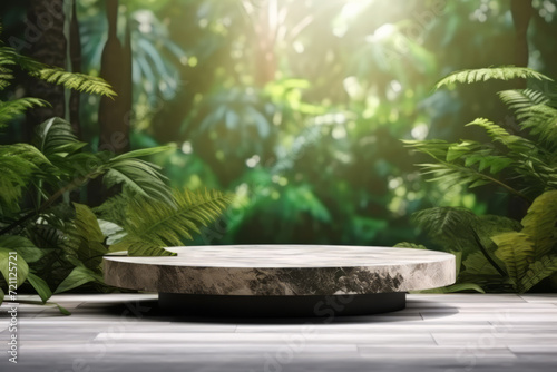 Wood tabletop counter podium floor in outdoors tropical garden forest