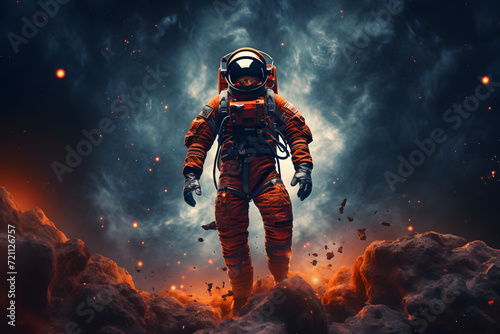 Celestial galaxy with astronaut in spacesuit