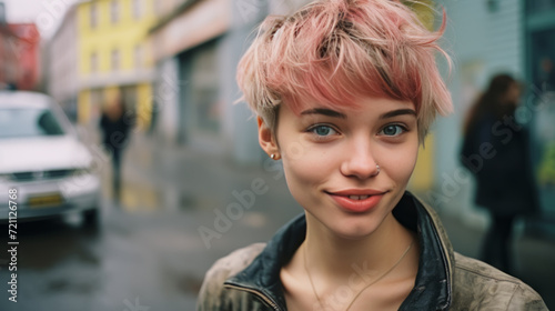 Portrait of a teenager girl with pink hair on the street. © Natalia Klenova
