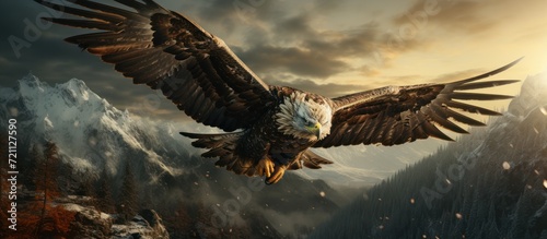 Obraz na plátne Eagle bird flying looking for rabbit prey in forest landscape in winter