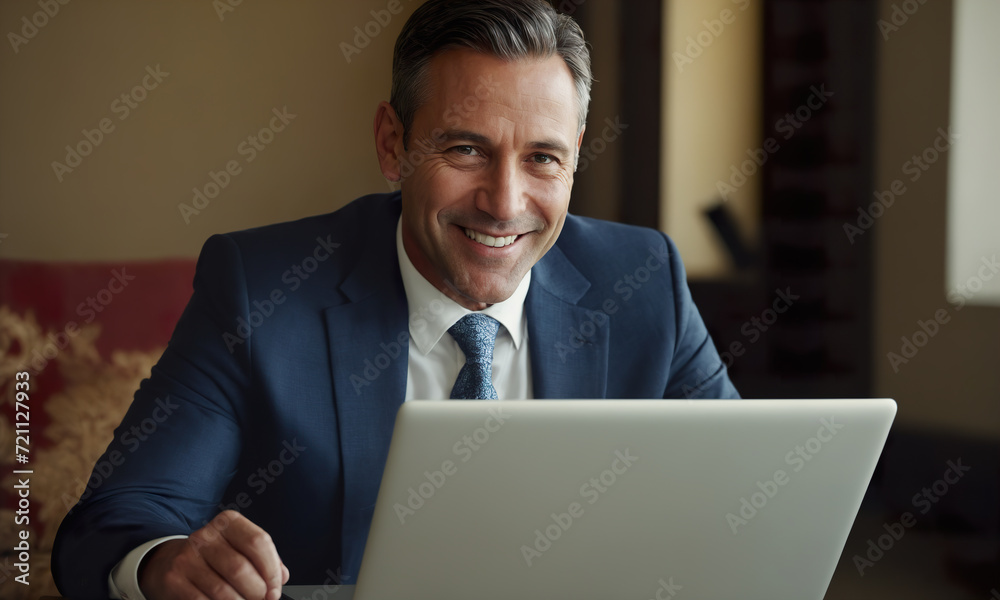 Portrait of a smiling businessman in a suit using a laptop Portrait of a smiling businessman in a suit using a laptop