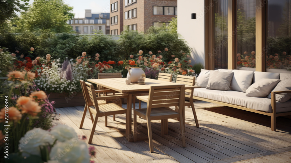 Beautiful wooden terrace with garden furniture surrounded by greenery and flowers