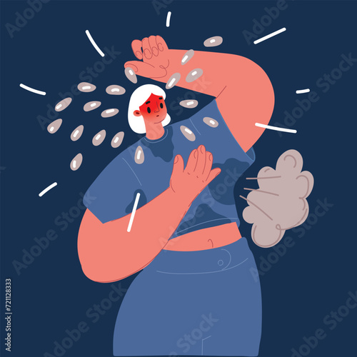 Cartoon vector illustration of Stressed annoyed woman using waving fan suffer from overheating, summer heat health hormone problem, no air conditioner.