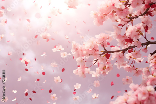 Cherry blossom petals falling in spring background