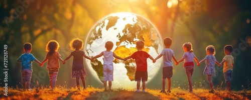 International Children's Day. Happy children of different nationalities standing around a globe