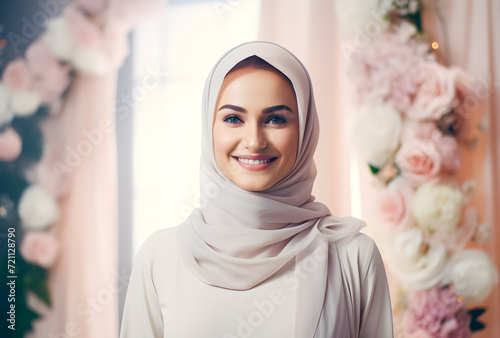 An Asian Muslim woman smiling in a pink room with balloons in the background, creating a festive and joyful party atmosphere. Birthday event photo