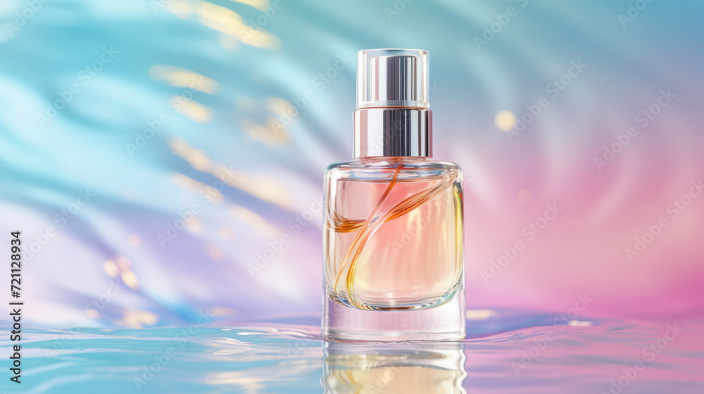 Cosmetic bottle on colorful water texture background with splashes Cosmetic bottle on colorful water texture background with splashes
