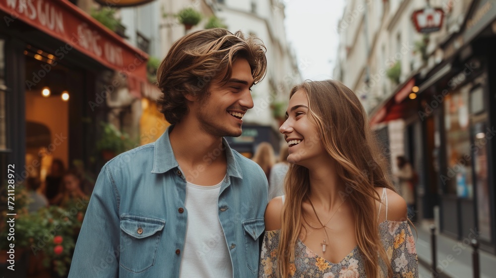A young and happy couple walks down the street holding hands in city A young and happy couple walks down the street holding hands in city