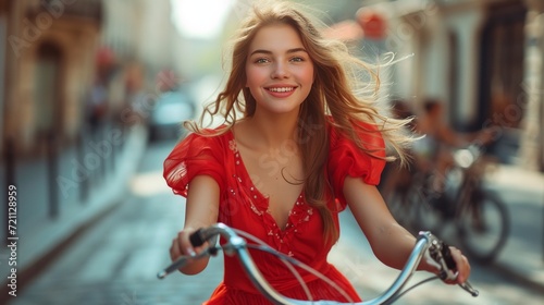 A young beautiful girl rides a bright bicycle in red satin dress along a summ...