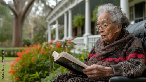 An elderly woman reads a book while sitting in a wheelchair on the veranda of...