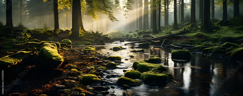 A Tranquil River in the Middle of the Forest with Penetrating Sunlight A Tranquil River in the Middle of the Forest with Penetrating Sunlight