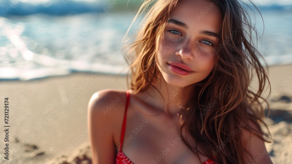 Beautiful young girl in a red bikini sunbathing on the beach Beautiful young girl in a red bikini sunbathing on the beach