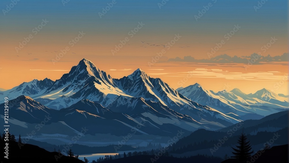 Silhouette of mountains.  Generative, AI.