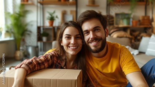 A young couple is sitting in an apartment with a pile of large brown cardboar...
