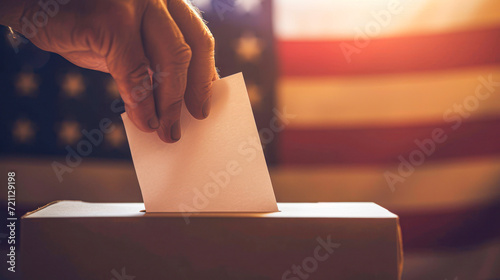 Close-up of a voter's hand placing a ballot into a voting box with the American flag in the background, symbolizing democratic participation.