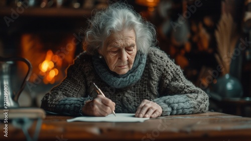 An old woman writes a letter sitting at an old oak table against the backgrou...