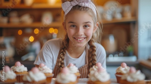 Beautiful girl 12 years old bakes holiday cupcakes in the kitchen