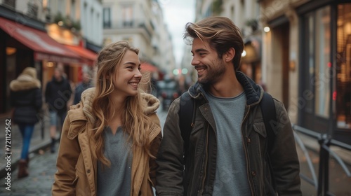 A young and happy couple walks down the street holding hands in city