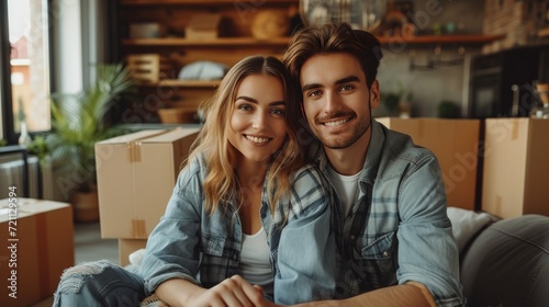 A young couple is sitting in an apartment with a pile of large brown cardboar...
