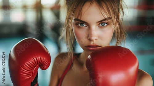 Beautiful young woman competes in boxing in the gym © olegganko