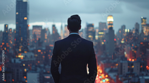 Back view of a businessman gazing at the city lights at dusk, contemplating urban life and business strategy.