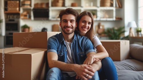 A young couple is sitting in an apartment with a pile of large brown cardboard boxes
