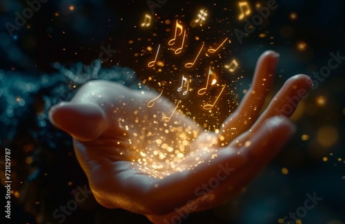 business woman with hands with musical notes music note