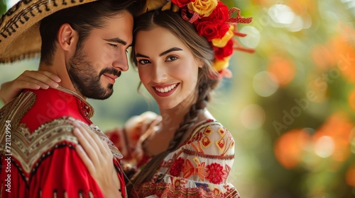 Beautiful Spanish young couple dancing in national costumes Latin dance