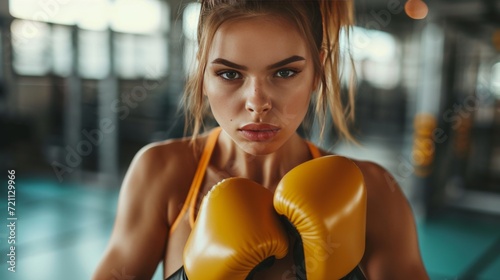 Beautiful young woman competes in boxing in the gym