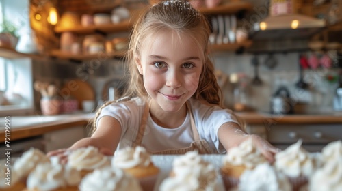 Beautiful girl 12 years old bakes holiday cupcakes in the kitchen