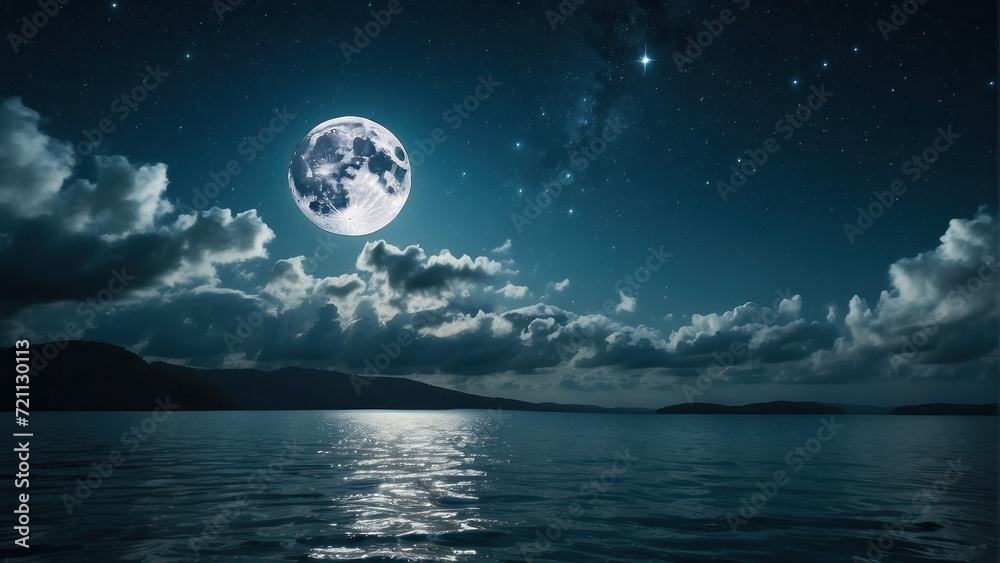 Romantic Moon With Clouds And Starry Sky Over Sparkling Blue Water.  Generative, AI.