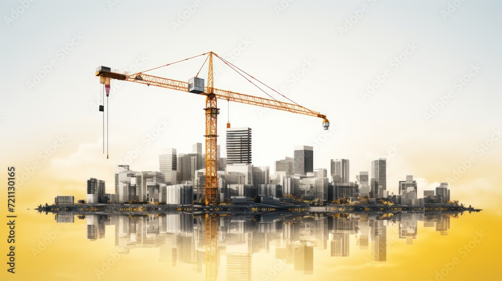 A Vector illustration of Construction crane above building urban development city skyline Black construction site isolated on transparent background.